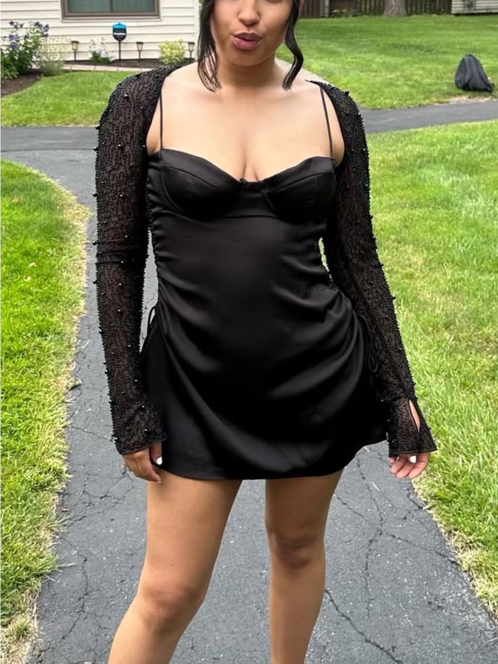 Black mini dress pearls ohpolly